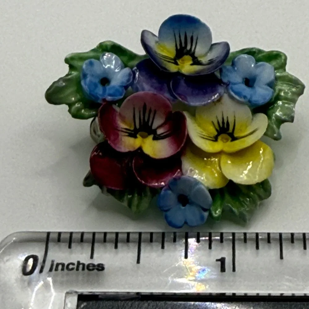 CEJ Handmade Hand Painted Porcelain Pansy Forget Me Not Floral Brooch Pin
